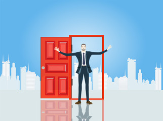 Successful businessmen in the City in front of the red door, represents opportunities and professional career. Business concept illustration