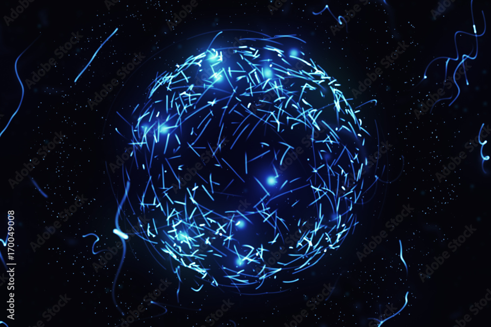 Poster blue sphere in space with glowing particles. abstract background. beautiful background with particle