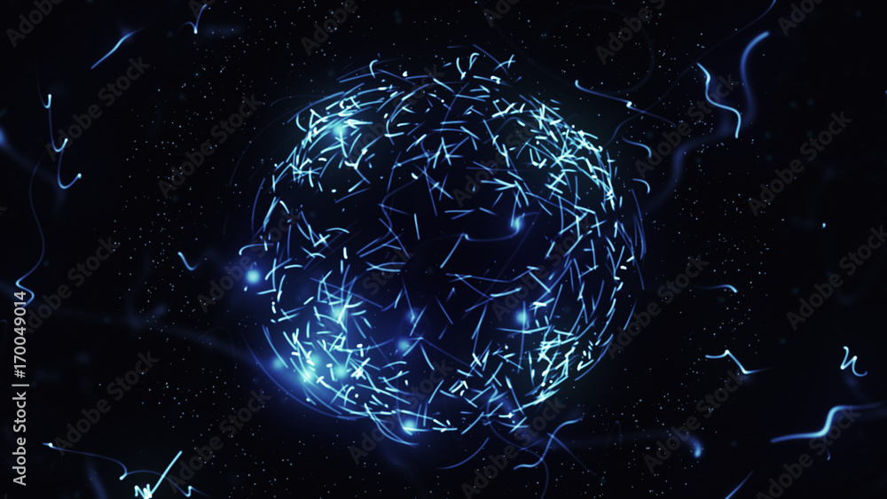 Poster blue sphere in space with glowing particles. abstract background. beautiful background with particle