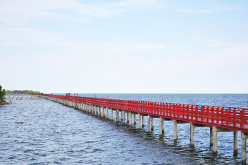 Fototapeta na wymiar long red bridge beside water pier