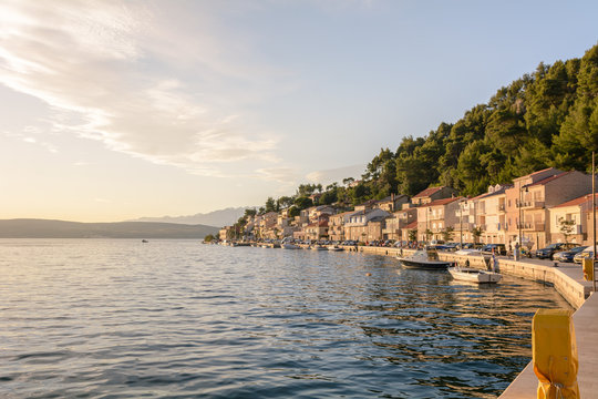 Fishing town bay at sunset