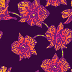 Fototapeta na wymiar Orchid flowers, hand drawn doodle, sketch in pop art style, seamless pattern design on purple background