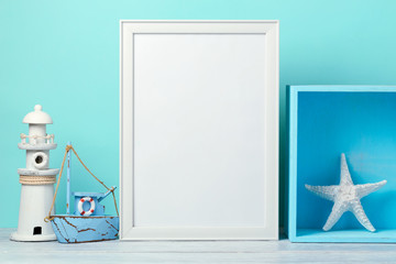 Frame mock up on wooden table. © maglara