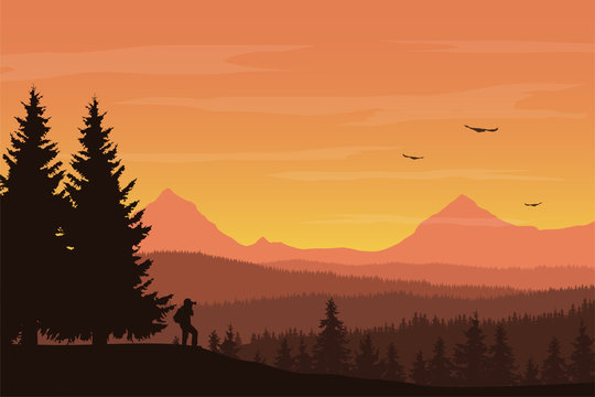 Vector illustration of mountain landscape with forest and photographer under orange sky with flying birds