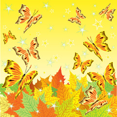 Autumn background with fall leaves and butterflies