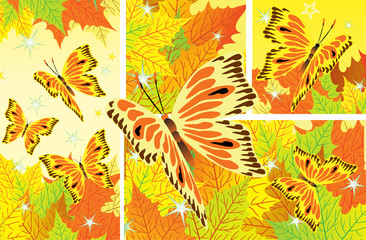 Fototapeta na wymiar Autumn background with fall leaves and butterflies