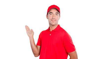 Confident delivery man welcoming