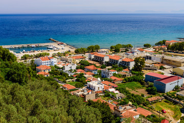 Obraz premium Aerial view of Karlovasi village, a traditional village on the island of Samos, Greece