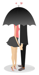 Young man and woman hold hands and staying under umbrella. Love couples hold hands and hide to kiss under big umbrella
