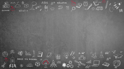 Doodle on black school teacher’s chalkboard background with blank copyspace for childhood imagination and education success concept