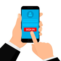 Hand Hold Smartphone. Sign in Page on Smartphone Screen. Mobile account concept. Vector illustration. Flat style.