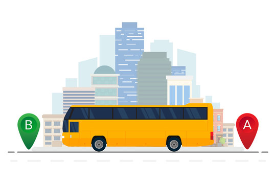 Orange bus vehicle traveling route. Vector public bus on city background. Vector illustration. Flat design. ESP10.