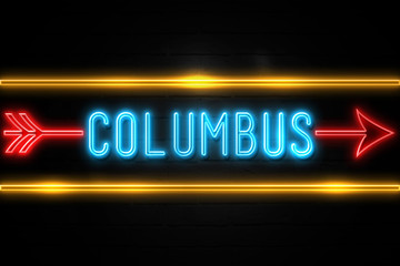 Obraz premium Columbus - fluorescent Neon Sign on brickwall Front view