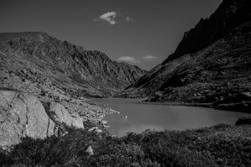 Black and white photo mountain range with valley, mountain lakes and river, national park in Altai...