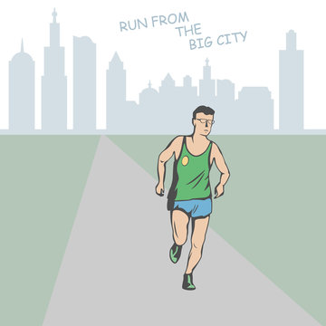 
male athlete runs along the road. Far on the horizon is the silhouette of a large city.