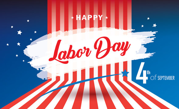 Happy Labor Day holiday banner with American national flag red, blue, white colors, fireworks, stars, calligraphy text design. Patriotic poster. Festive Vector illustration.