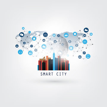 Colorful Smart City, Cloud Computing Design Concept with Icons - Digital Network Connections, Technology Background
