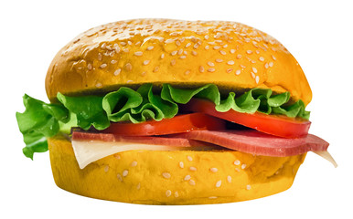 Hamburger with salad, cheese, ham and tomatoes. With a path for carving.