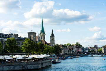 zurich inner city historic view with water in summer for tourism and travel