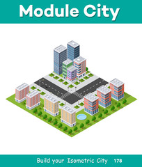 District of the city street houses Isometric infrastructure, urban buildings and construction