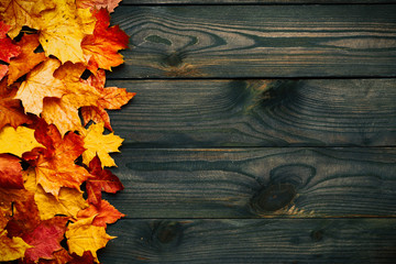 Wooden background with autumn leaves