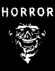 Spooky zombie head with torn face. Black and white colors. Vector illustration.