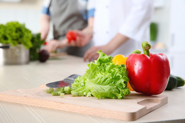 Delicious fresh vegetables on table. Cooking classes concept