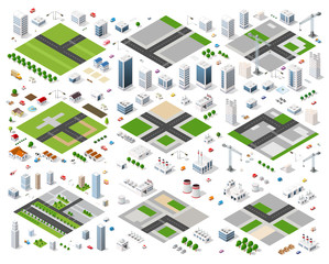 Set of isometric objects and elements for construction and constructing the urban area of the city infrastructure with transport, streets, houses and trees - obrazy, fototapety, plakaty