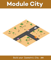 Isometric modules for construction the urban area of the city infrastructure with nature, forest, transport, desert, sand and trees
