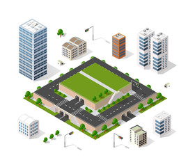 Set of isometric objects and elements for construction and constructing the urban area of the city infrastructure with transport, streets, houses and trees