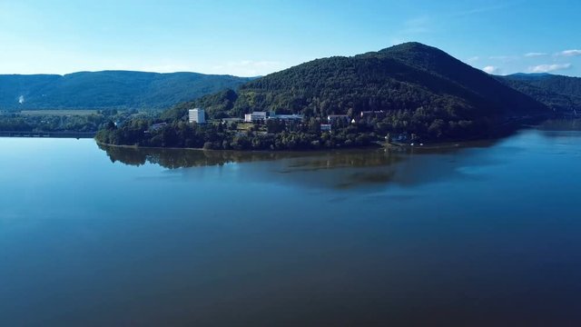 Takeoff time lapese over Nimnica spa village and Vag river meander, Slovakia