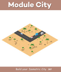 Isometric modules for construction the urban area of the city infrastructure with nature, forest, transport, desert, sand and trees