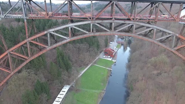 Aerial View Local Train over Steel Bridge Muengstener Brucke Highest Railway Bridge in Germany 