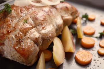 Baking tray with delicious turkey fillet and vegetables, closeup