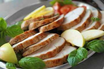 Plate with delicious sliced turkey fillet, closeup