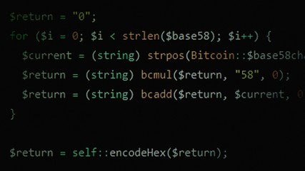 Source code on a computer LCD screen, visbile leds. Green on black, a program used to mine bitcoins.
