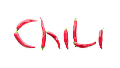 Word Chili made of red chili peppers isolated on white - obrazy, fototapety, plakaty