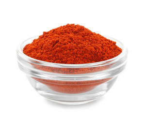Heap of chili powder in glass bowl isolated on white