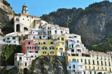 Scenic picture-postcard view of the beautiful town of Amalfi at famous Amalfi Coast with Gulf of Salerno, Campania, Italy