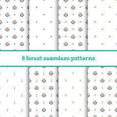 Set of vector seamless patterns with little cute owls and floral elements on white background