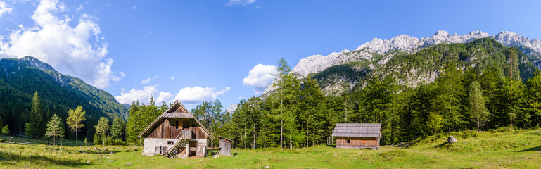 Fototapeta na wymiar Mountain cabin in European Alps, Robanov kot, Slovenia
