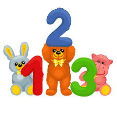 There are plush bear, bunny, panda and hippo holding numbers / The plush bunny holding the number “1”, the bear holding the number “2”, and the hippo holding the number “3”