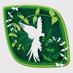 Paper art carve to bird on tree branch in forest at night, origami concept nature and animals idea, vector art and illustration.