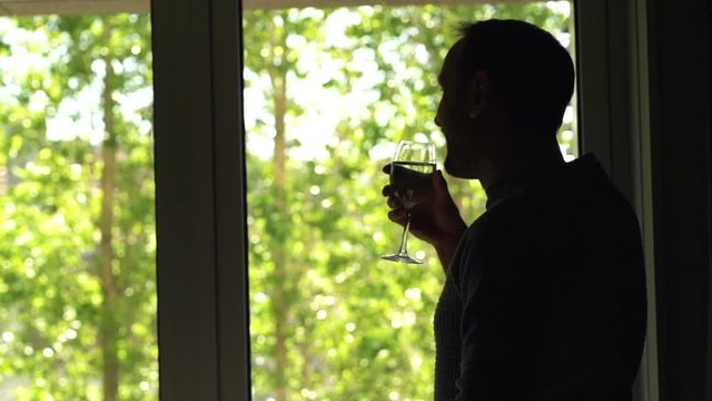 Happy man drinking wine and admire garden view from window
