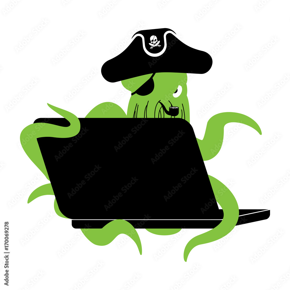 Poster web pirate octopus and laptop. poulpe internet hacker and pc. devilfish buccaneer and computer. eye 