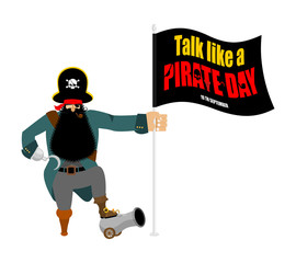 International Talk Like A Pirate Day. pirate Hook and cannon. Eye patch and smoking pipe. filibuster cap. Bones and Skull. Head corsair black beard. buccaneer Wooden foot