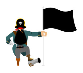 Pirate and flag. Eye patch and smoking pipe. filibuster cap. Bones and Skull. Head corsair black beard. buccaneer Wooden foot