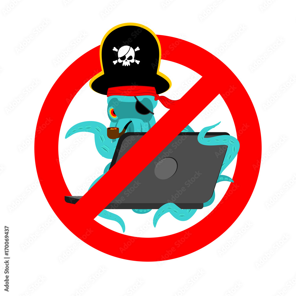 Poster stop web pirate octopus and laptop. ban sign poulpe internet hacker and pc. prohibiting devilfish bu