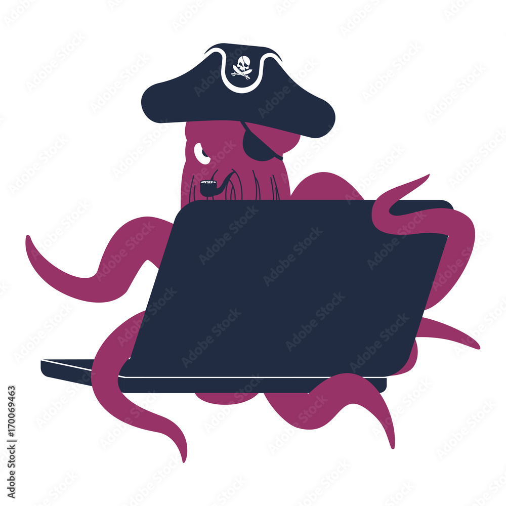 Poster web pirate octopus and laptop. poulpe internet hacker and pc. devilfish buccaneer and computer. eye 