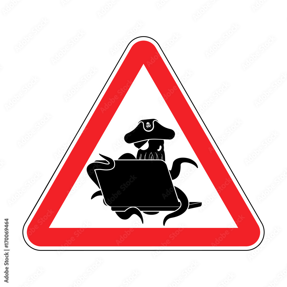 Poster attention web pirate octopus and laptop. caution sign poulpe internet hacker and pc. prohibiting dev